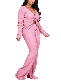 Womens Sexy 2 Piece Jumpsuit Outfit Ribbed Reversible V Neck Long Sleeve Top and Wide Leg Pant Set
