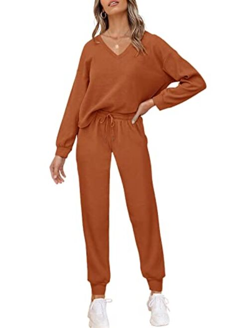PIIRESO Women's V Neck Waffle Knit 2 Piece Outfits Long Sleeve Top and Pants Loungewear Jogger Sets Pockets