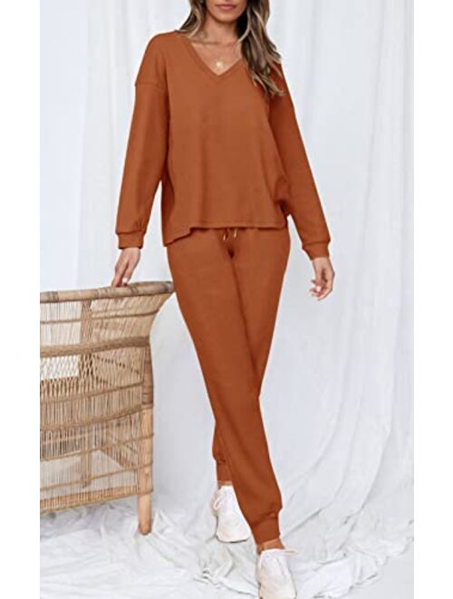 PIIRESO Women's V Neck Waffle Knit 2 Piece Outfits Long Sleeve Top and Pants Loungewear Jogger Sets Pockets