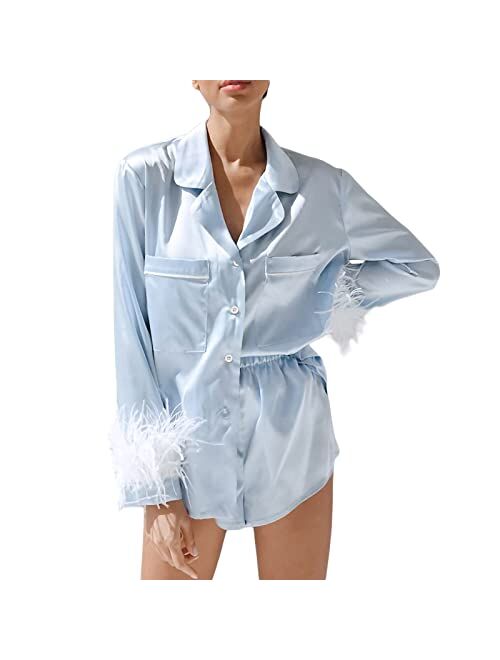 Multitrust Women Feather Silk Satin Sleepwear Pajamas Set Long Sleeve Button Down Shirts and Shorts 2 Piece Pjs Nightwear