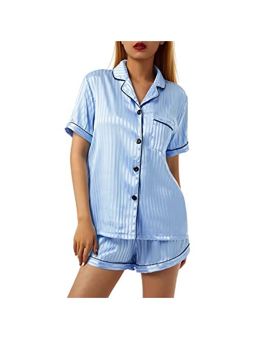 Multitrust Women Striped Satin Sleepwear Pjs Short Sleeve Button Down Shirts and Shorts 2 Piece Pajamas Set