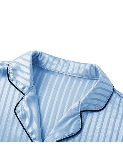 Multitrust Women Striped Satin Sleepwear Pjs Short Sleeve Button Down Shirts and Shorts 2 Piece Pajamas Set