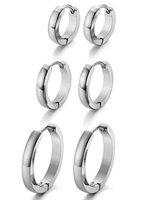 Jstyle 3Pairs Stainless Steel Mens Womens Hoop Earrings Huggie Ear Piercings Hypoallergenic 12/16/20mm