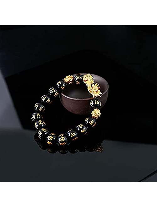 Feng Shui Black Obsidian Wealth Bracelet, Feng Shui Pi Xiu 12mm Black Hand Carved Mantra Adjustable Elastic Bead Bracelet for Men Women Attract Wealth Money Feng Shui Bra