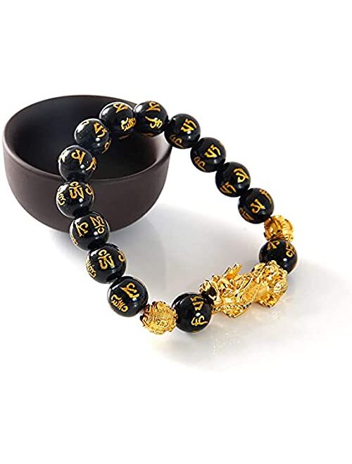 Feng Shui Black Obsidian Wealth Bracelet, Feng Shui Pi Xiu 12mm Black Hand Carved Mantra Adjustable Elastic Bead Bracelet for Men Women Attract Wealth Money Feng Shui Bra