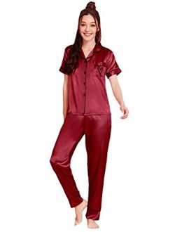 Women's Short Sleeve Button Down Satin Pants Sleepwear Pajama Set