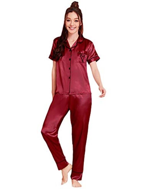 SweatyRocks Women's Short Sleeve Button Down Satin Pants Sleepwear Pajama Set