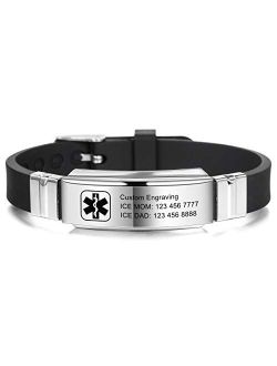 MOWOM Medical Bracelet Custom Engraved Silicone Adjustable Sport Name ID Identification Alert Medical Bracelet for Men Women Stainless Steel Rubber- (Bundle with Emergenc
