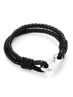 Urban Jewelry Braided Black Genuine Leather Bracelet with Locking Stainless Steel Clasp (Black, Silver, Length 8")