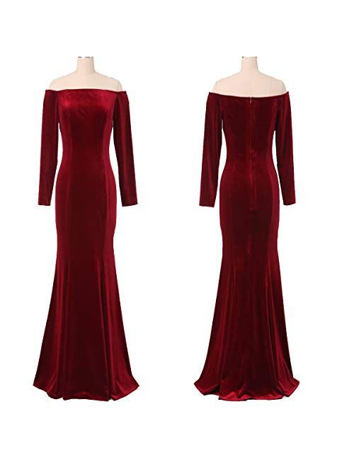 TTYbridal Off The Shoulder Velvet Mermaid Evening Gown Long Prom Party Dresses with Long Sleeves