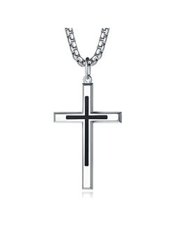 FANCIME Yellow/White Gold Plated 925 Solid Sterling Silver Polished Big Beveled Edge Men's Crucifix Cross Pendant Long Necklace Fine Jewelry For Men Boys, With Strong Sta