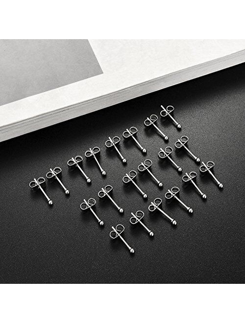 Tornito 10-20 Pairs 20G 2mm Tiny Stud Earrings 316L Stainless Steel Small CZ Ball Earring Set For Men Women