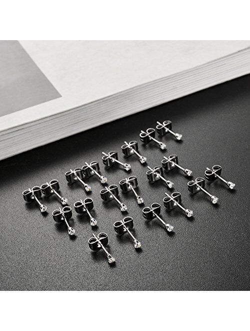 Tornito 10-20 Pairs 20G 2mm Tiny Stud Earrings 316L Stainless Steel Small CZ Ball Earring Set For Men Women