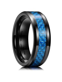 King Will GENTLEMAN 8mm Black/Blue Carbon Fiber Tungsten Carbide Wedding Band Ring For Men Carbon Fiber Inlay Polished Finish Comfort Fit