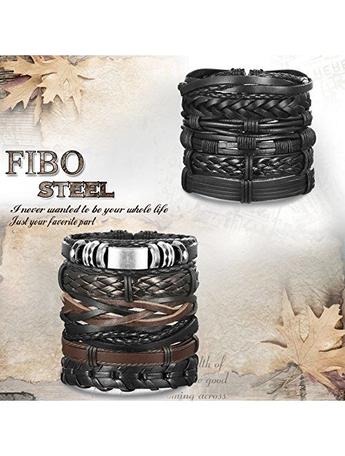 FIBO STEEL 10-12 Pcs Braided Leather Bracelets for Men Women Cuff Bracelet,Adjustable