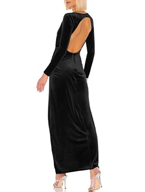 CMZ2005 Women's Velvet Long Sleeves Backless Party Maxi Dress Ruched High Side Slit Formal Evening Gown 71891