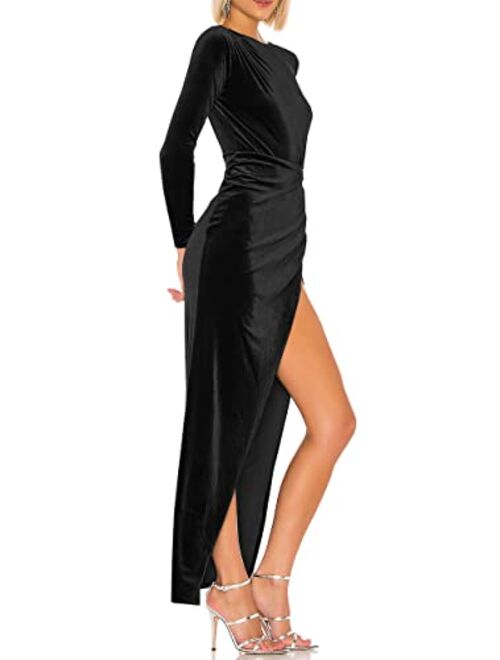CMZ2005 Women's Velvet Long Sleeves Backless Party Maxi Dress Ruched High Side Slit Formal Evening Gown 71891