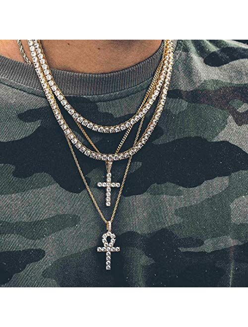 TOPGRILLZ 14K Gold&Silver Plated Solid Iced out CZ Lab Cubic Zirconia Cross Pendant Necklace for Men Women Stainless Chain