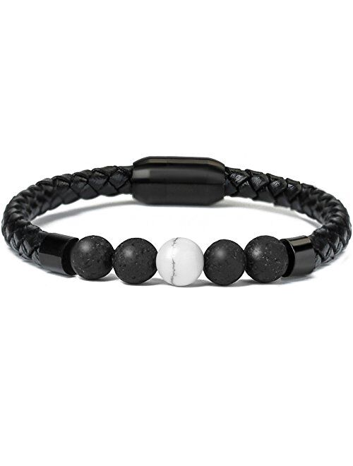 Ckysee 7 Chakra Lava Project Rock Lokai Bracelet Healing Balancing Genuine Leather Bracelets with Magnetic Clasp Tiger Eye Agate Howlite for Men Pulsera Cuero Hombre