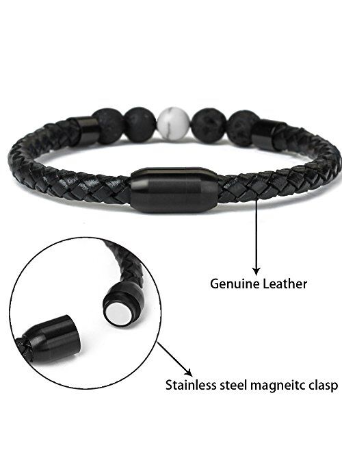 Ckysee 7 Chakra Lava Project Rock Lokai Bracelet Healing Balancing Genuine Leather Bracelets with Magnetic Clasp Tiger Eye Agate Howlite for Men Pulsera Cuero Hombre