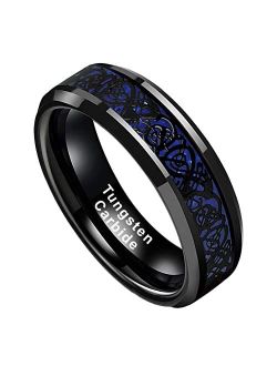 BestTungsten 6mm 8mm Black Tungsten Carbide Rings for Men Women Wedding Bands Celtic Dragon Purple Green Blue Red Carbon Fiber Inlay Beveled Edges Polished Comfort Fit