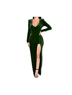 Halfword Sexy V Neck Velvet Dress for Women's Ruched Side Slit Maxi Long Sleeve Party Cocktail Maxi Dress 90S Retro Dress