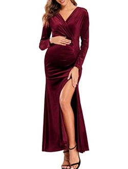Babalet Women's Wine Red Elegant Velvet Formal Dress Bodycon Wedding Guest Maxi Long Sleeve Dress