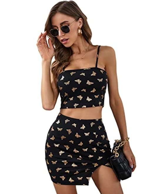 Floerns Women's 2 Piece Outfit Graphic Print Cami Top and Bodycon Mini Skirt Set