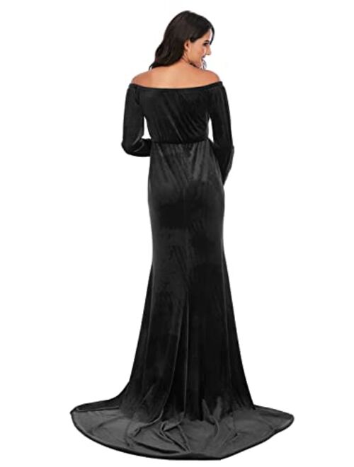 ZIUMUDY Velvet Maternity Off Shoulder Fitted Photography Gown Long Sleeve Maxi Photo Shoot Baby Shower Dress