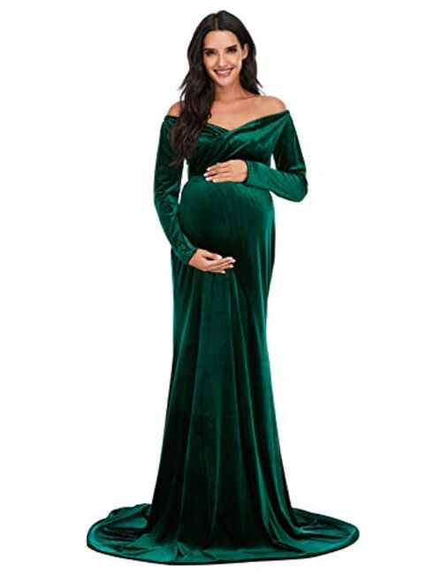 ZIUMUDY Maternity Off Shoulder Photo Shoot Photography Dress Solid Color Baby Shower Dress 