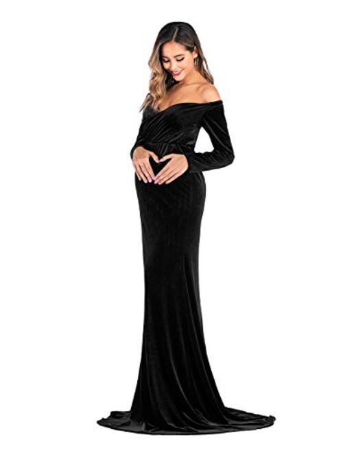 Dongpai Velvet Maternity Half Circle Off Shoulder Long Sleeves Fitted Maxi Gown Dress Photography