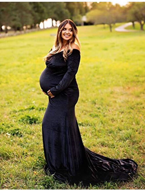 Dongpai Velvet Maternity Half Circle Off Shoulder Long Sleeves Fitted Maxi Gown Dress Photography