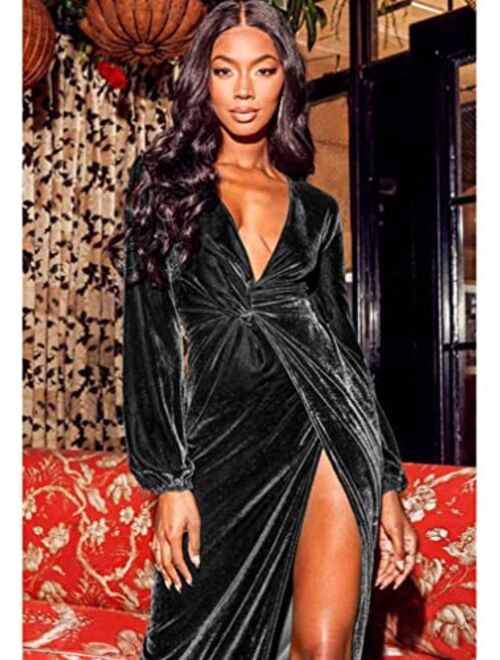 ZileZile Women's Sexy Long Sleeve Velvet Deep V Neck High Slit Ruched Evening Cocktail Party Maxi Dresses