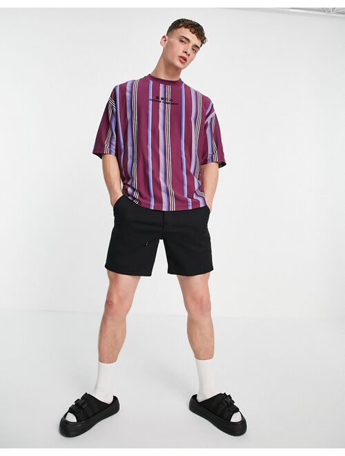 ASOS DESIGN oversized organic vertical stripe t-shirt with front print in burgundy