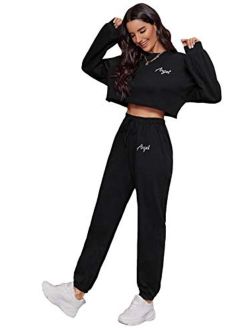 Women's 2 Pieces Outfits Drop Shoulder Crop Pullover and Drawstring Sweatpants