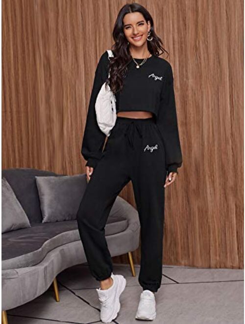 Floerns Women's 2 Pieces Outfits Drop Shoulder Crop Pullover and Drawstring Sweatpants