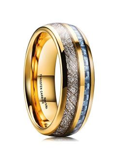 King Will 7mm/8mm Mens Tungsten Carbide Ring Imitated Meteorite Carbon Fiber Nature Wood Inlay Rings Silver/Gold Domed Engagement Band for Men Polished Comfort Fit