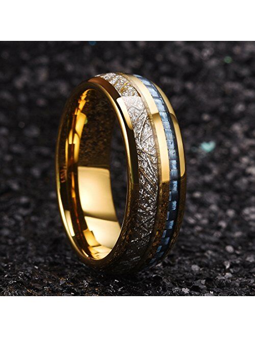 King Will 7mm/8mm Mens Tungsten Carbide Ring Imitated Meteorite Carbon Fiber Nature Wood Inlay Rings Silver/Gold Domed Engagement Band for Men Polished Comfort Fit