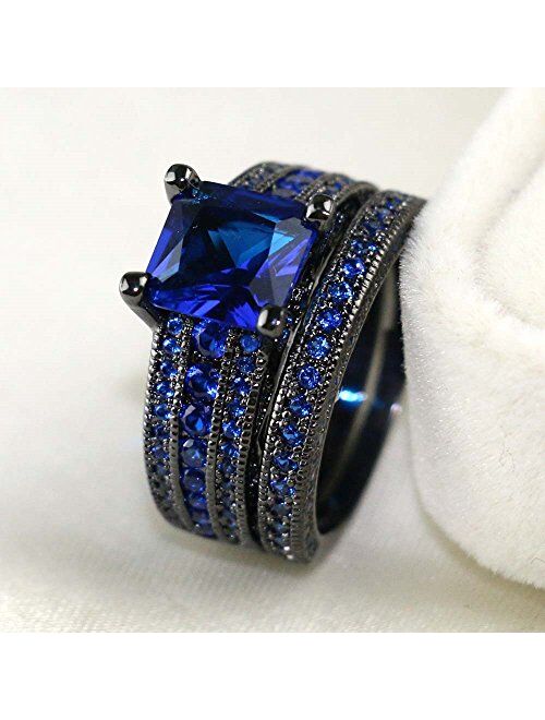 LOVERSRING Couple Ring Bridal Set His Hers Black Gold Plated Pink Blue CZ Stainless Steel Wedding Ring Band Set