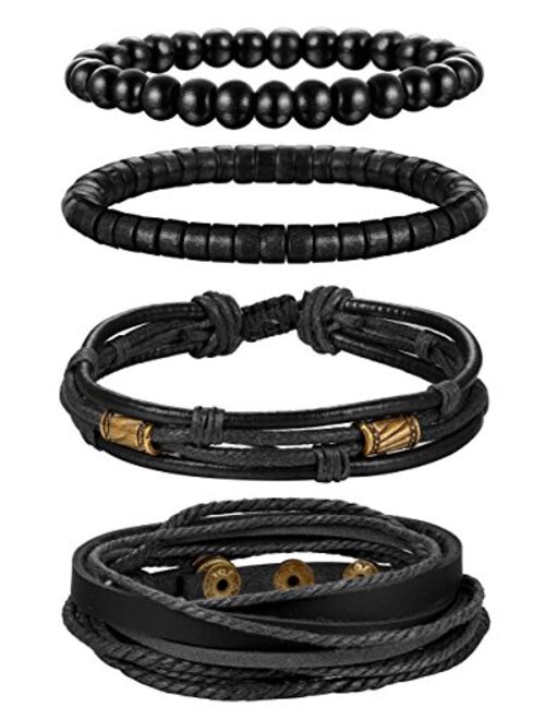 Jstyle 4Pcs Braided Leather Bracelet for Women Mens Cuff Bead Bracelet Set Adjustable Black And Brown