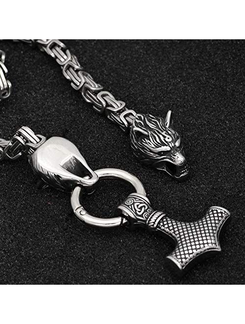 GuoShuang Men Stainless Steel Wolf Head Norse Viking Amulet Thor Mjolnir Necklace King Chain with Valknut Gift Bag