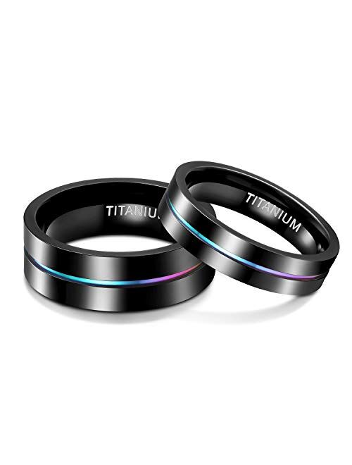 TIGRADE 5mm 7mm 9mm Rainbow Titanium Ring Colorful Thin Groove Wedding Band Couple Rings Size 3.5-14.5