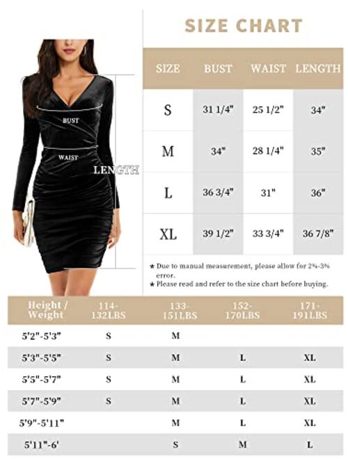FENSACE Womens Wrap V Neck Long Sleeve Velvet Dress Cocktail Party Ruched Bodycon Dress