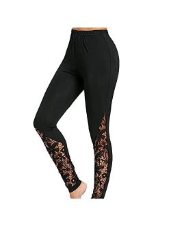 Women Elastic High Waist Leggings Black Solid Color Hollow Out Lace Hem Trousers