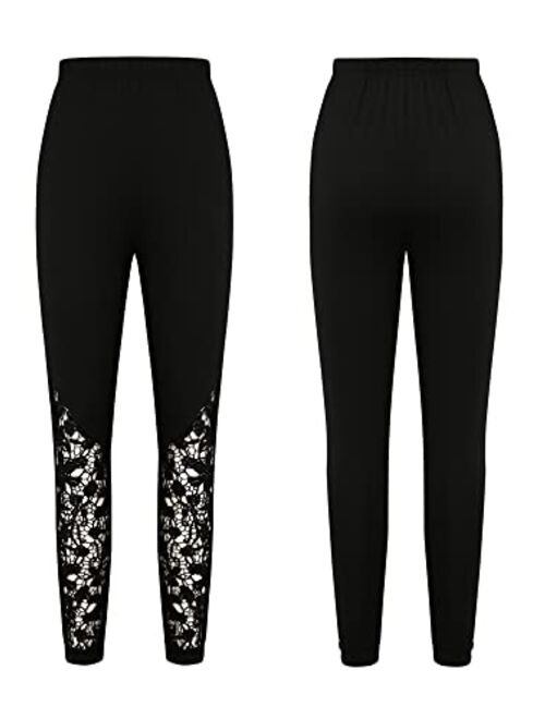 Meihuida Women Elastic High Waist Leggings Black Solid Color Hollow Out Lace Hem Trousers