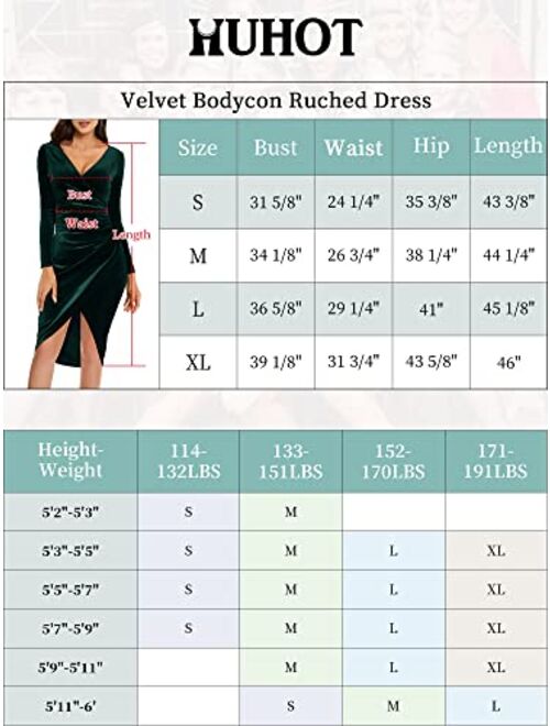 HUHOT Womens Wrap V Neck Long Sleeve Split Wrap Velvet Elegant Bodycon Ruched Cocktail Party Midi Dress