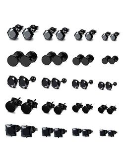 FIBO STEEL 20 Pairs Stainless Steel Black Stud Earrings for Men Women Earring Set CZ Inlaid