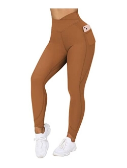 Women V Cross Waist Butt Lifting Leggings with Pockets High Waisted Workout Yoga Pants