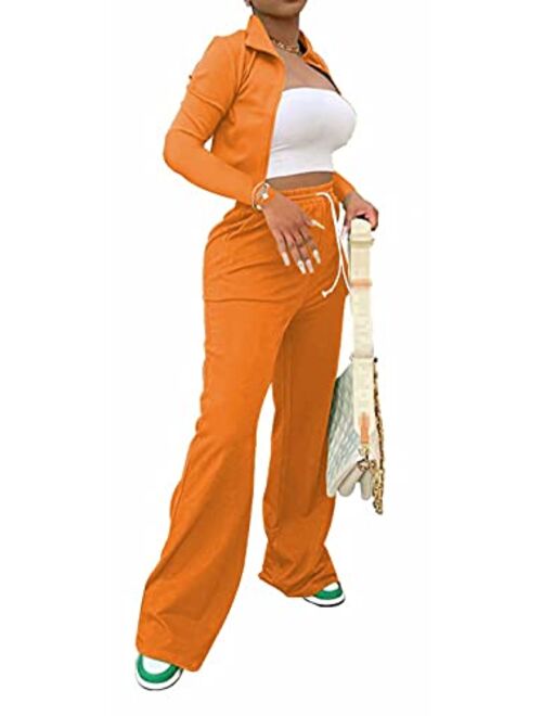 Aro Lora Womens Casual 2 Piece Outfits Zipper Crop Top Jacket and Wide Leg Pant Suits Set