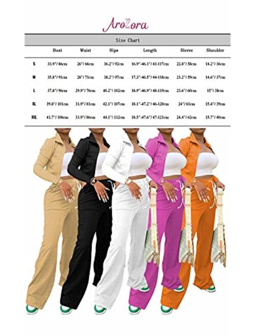 Aro Lora Womens Casual 2 Piece Outfits Zipper Crop Top Jacket and Wide Leg Pant Suits Set